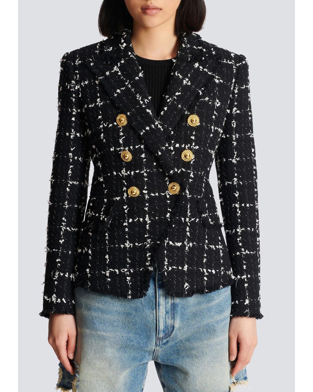 Balmain Black Check Tweed 6-Button Jacket