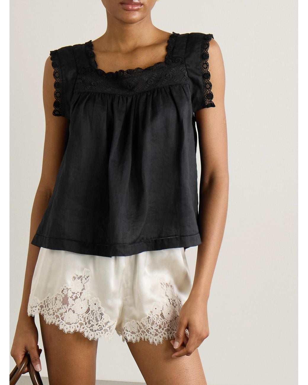 Doen Black Aphra Crochet-Trim Blouse
