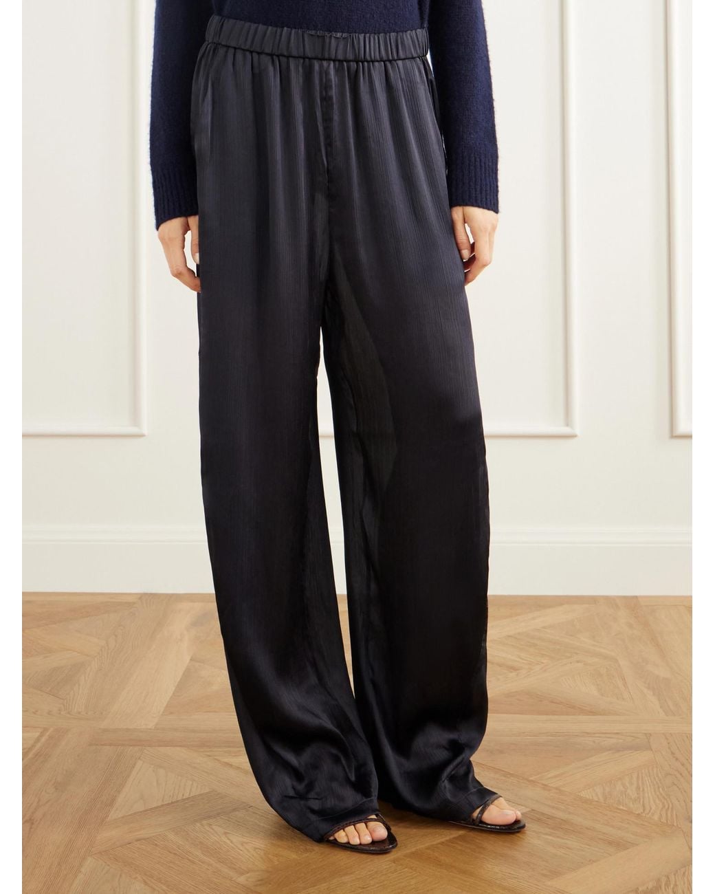Tibi Blue Plissé-Satin Wide-Leg Pants