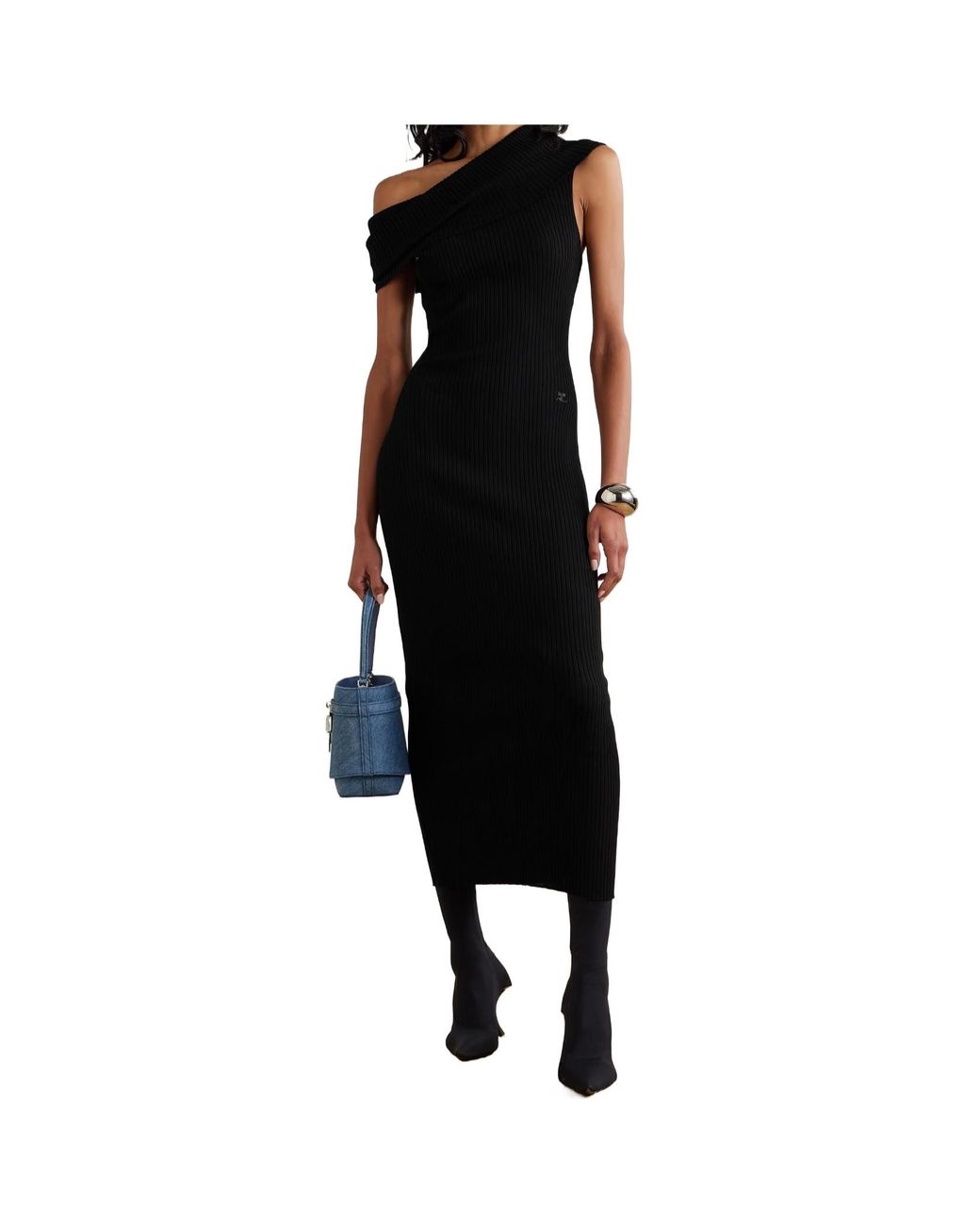Courreges Black Twist Off-The-Shoulder Embroidered Ribbed-Knit Maxi Dress