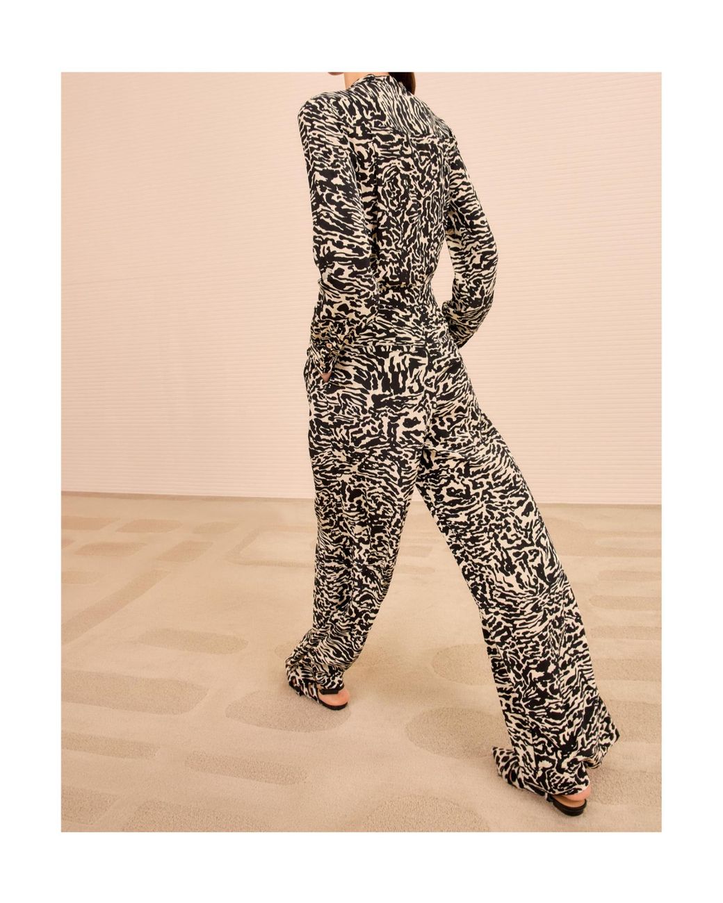 Ulla Johnson Natural Animal Print Wide Leg Silk Trousers