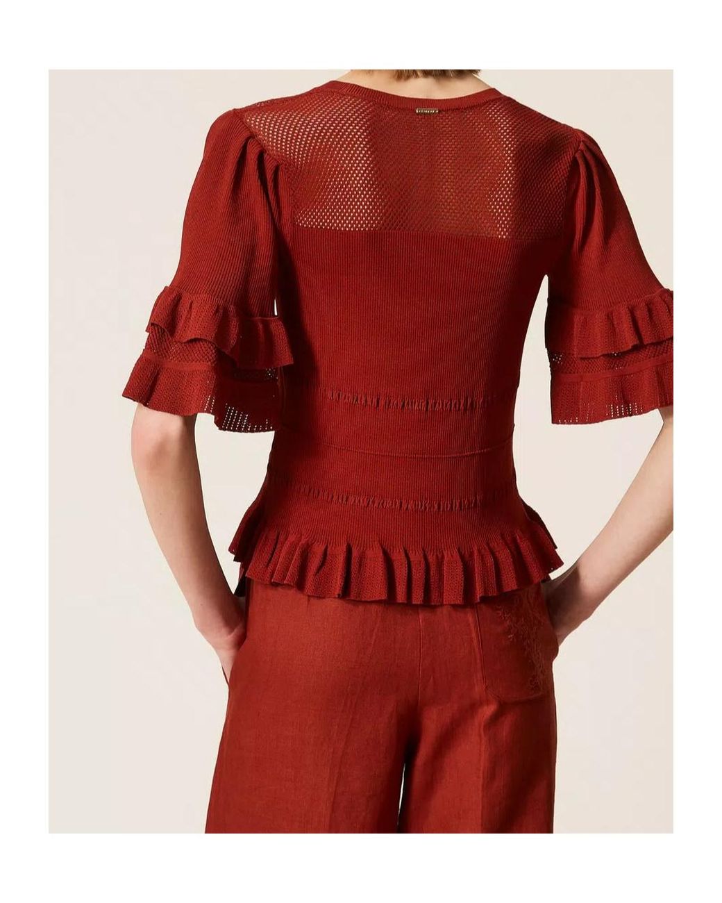 Twinset Red Ruffle Rib Knit Mesh Jumper