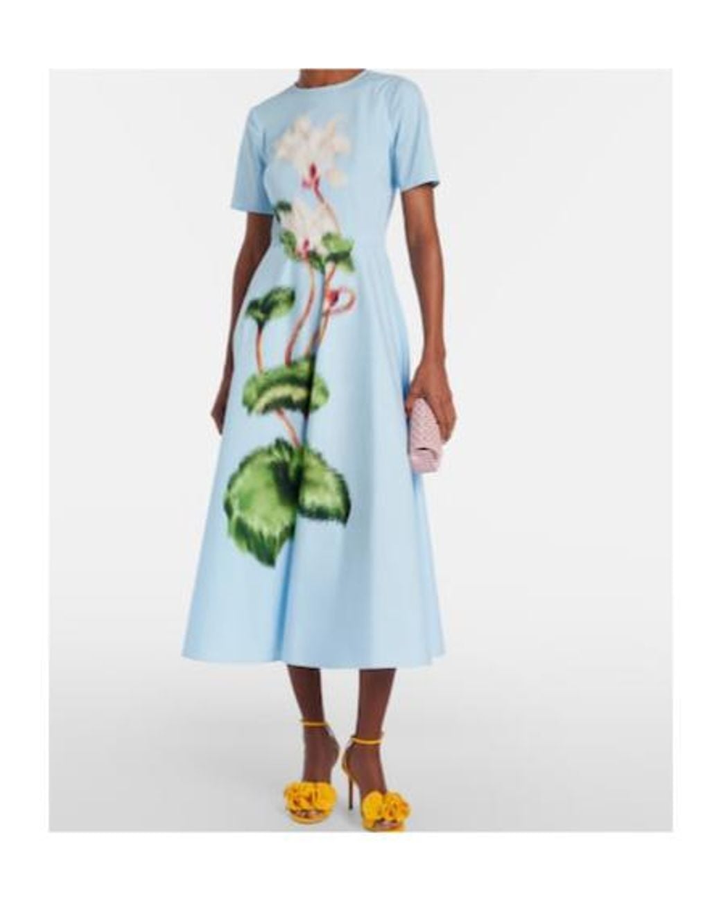 Oscar de la Renta Blue Printed Cotton-Blend Midi Dress