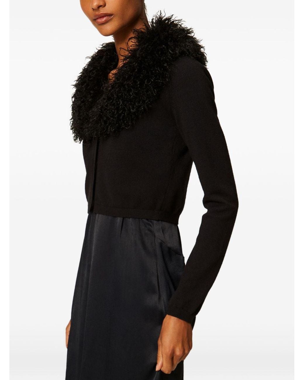 Twinset Black Faux Fur Trim Cropped Cardigan