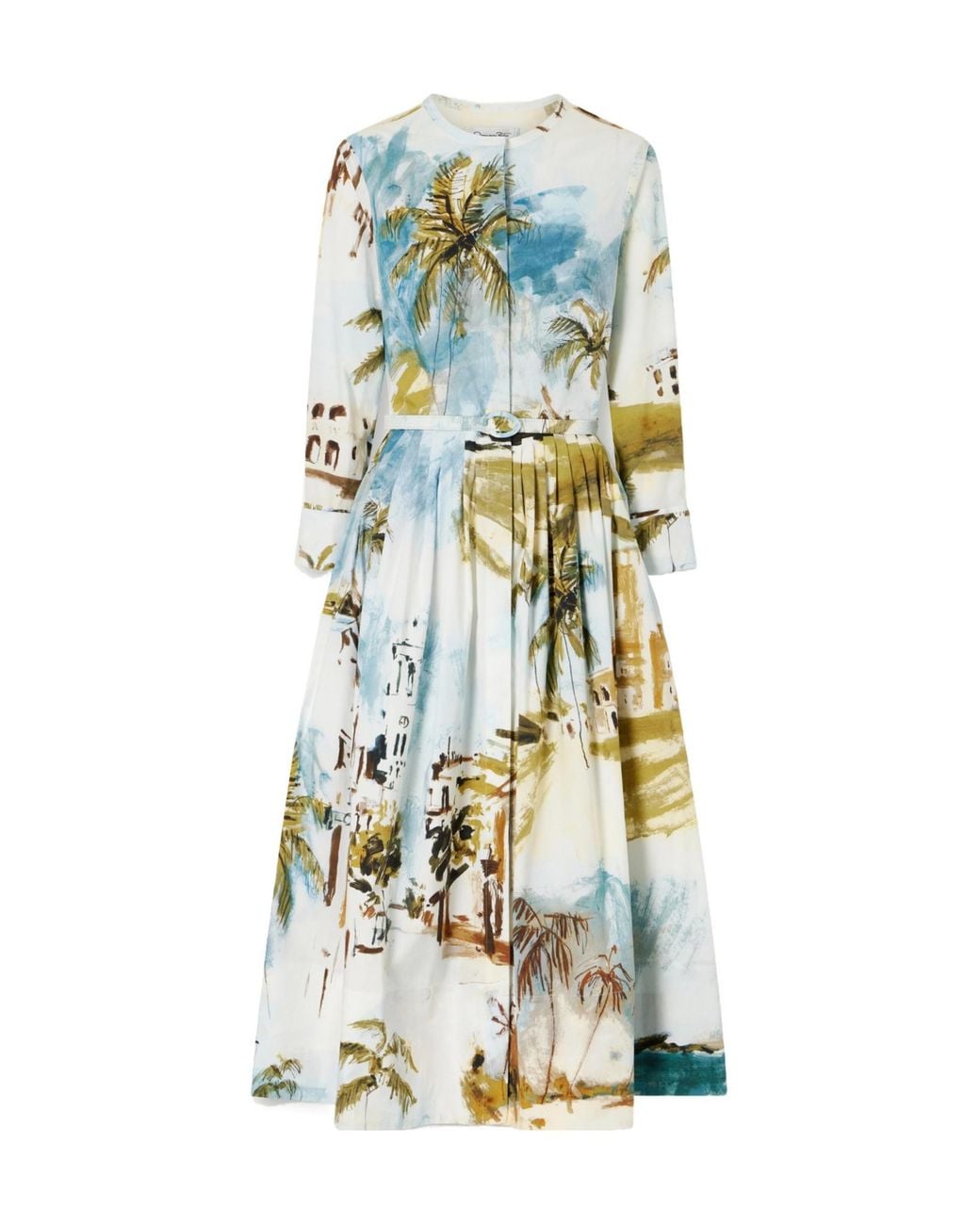 Oscar de la Renta White Belted Printed Cotton-Blend Midi Dress