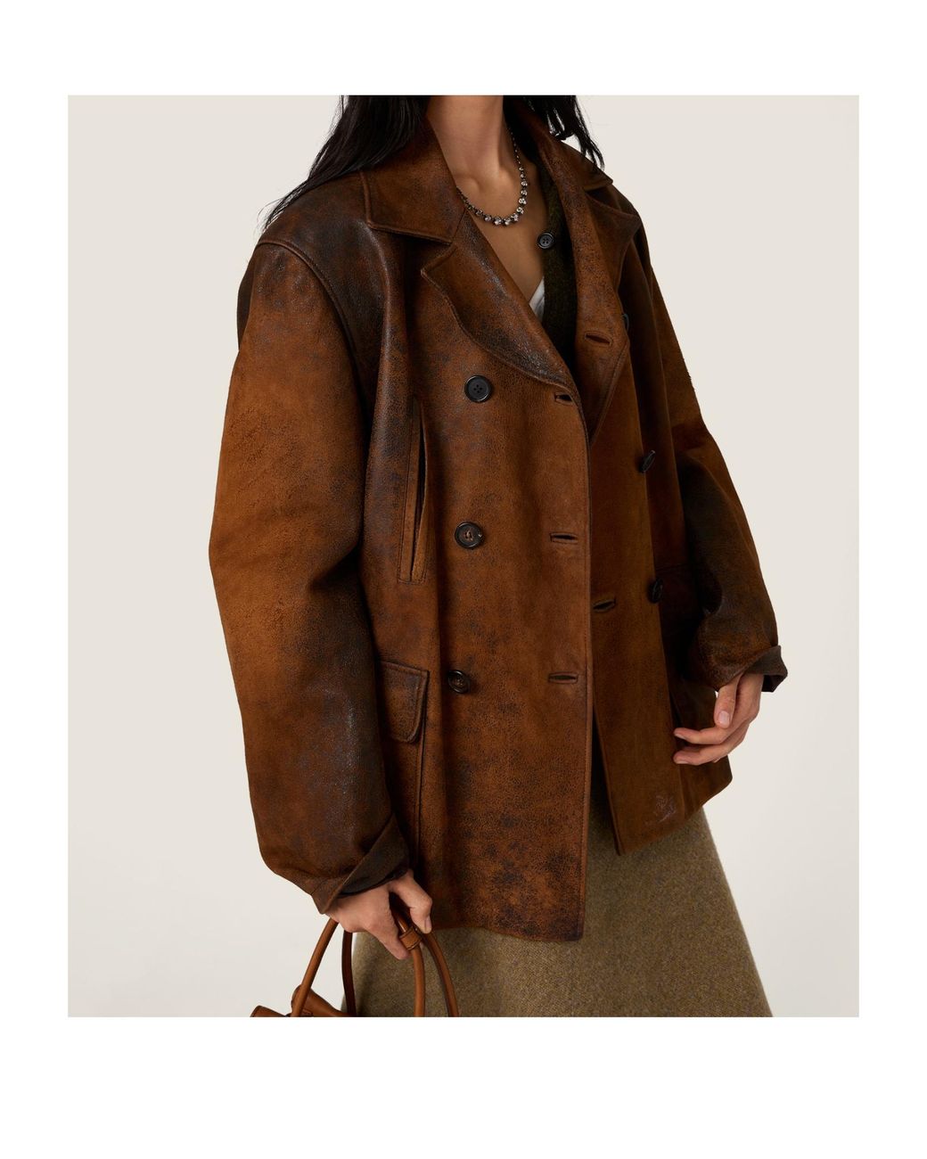 Miu Miu Brown Double-Breasted Waxed Suede Caban Jacket
