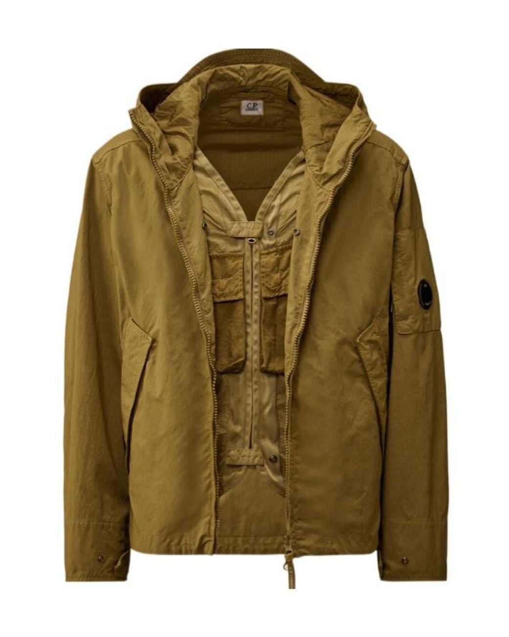 C P Company Green Twill Vest-Lined Hooded Jacket for men