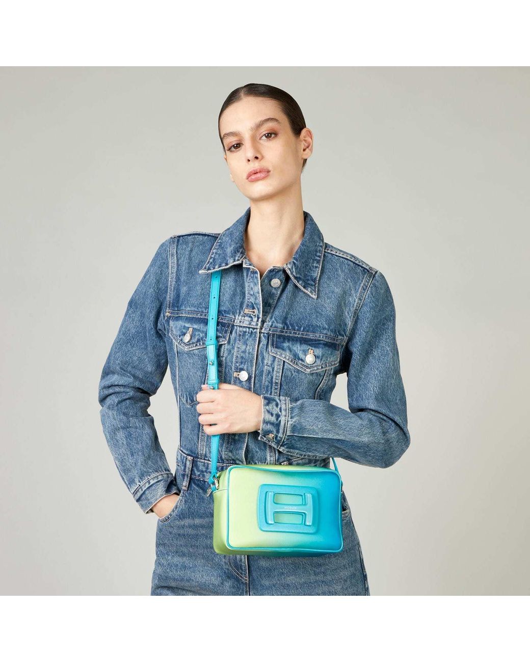 Hogan Blue Logo Plaque Zip-Up Shoulder Bag