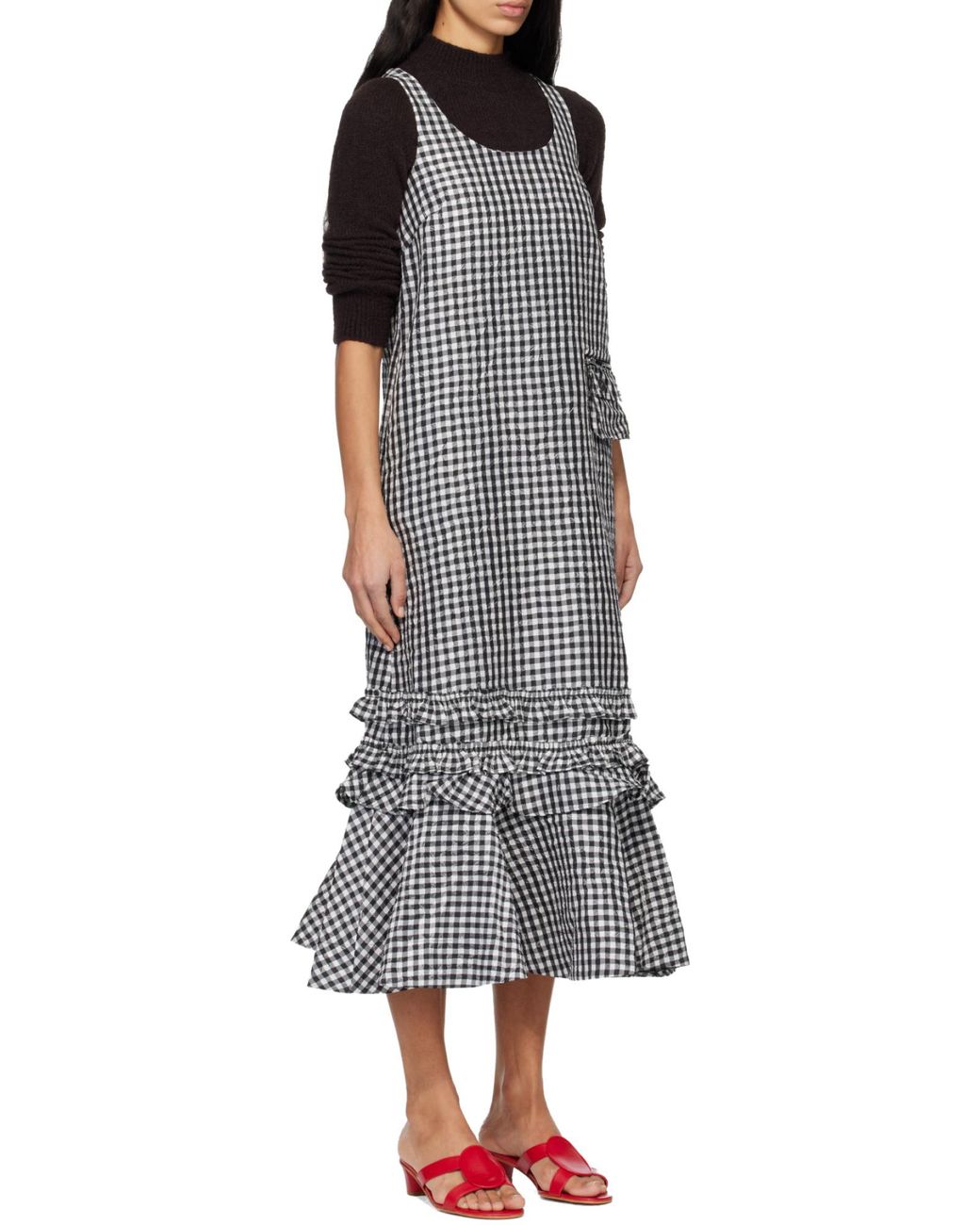 Ganni Gray Checked Sleeveless Midi Dress
