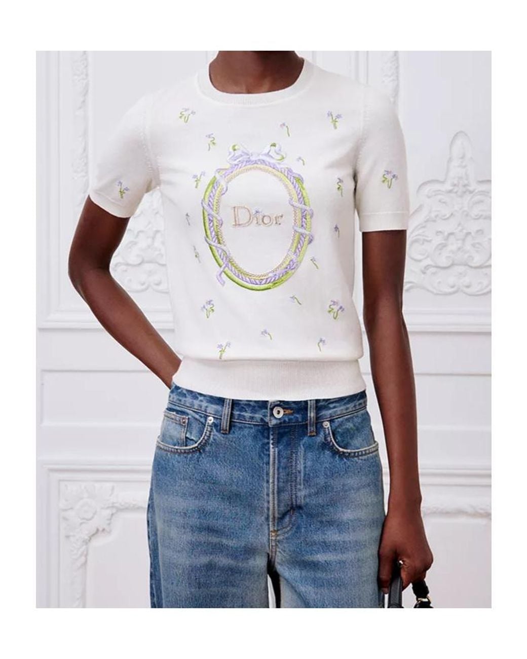 Dior White Médaillon Embroidered Short-Sleeved Sweater