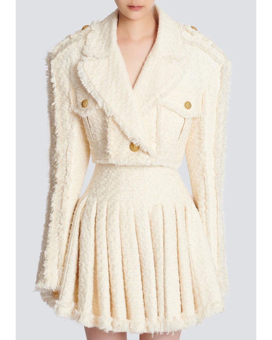Balmain Natural Short Fringed Tweed Jacket