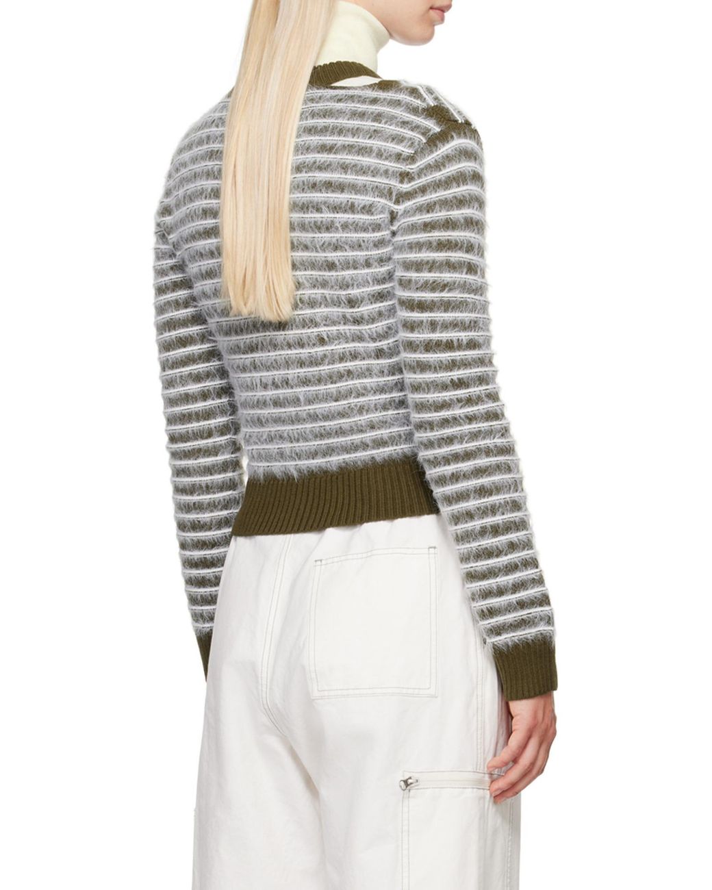 MM6 by Maison Margiela White Striped Round Neck Sweater