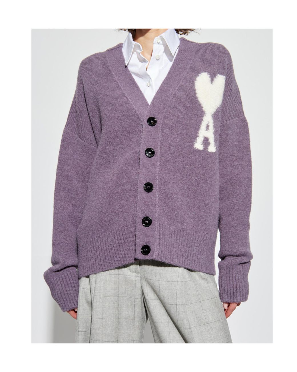 AMI Purple Ami De Coeur V-Neck Knitted Cardigan for men