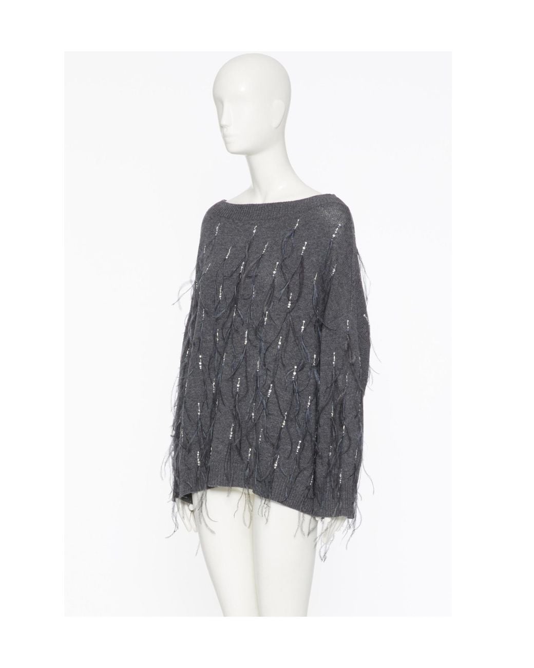 Valentino Gray Embroidered Wool Jumper With Feathers