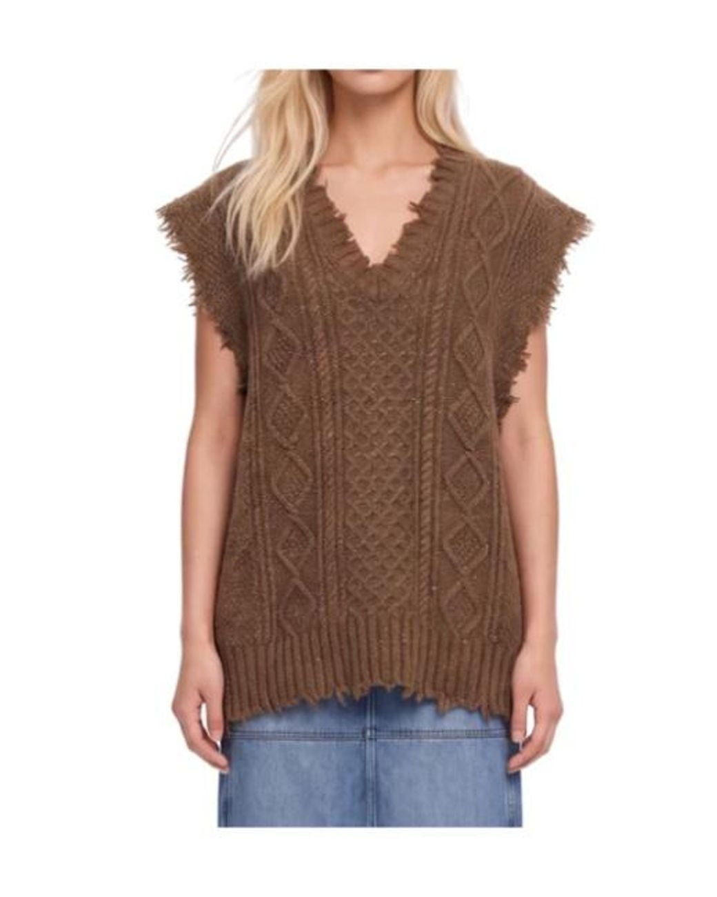 R13 Brown V-Neck Frayed Edge Top