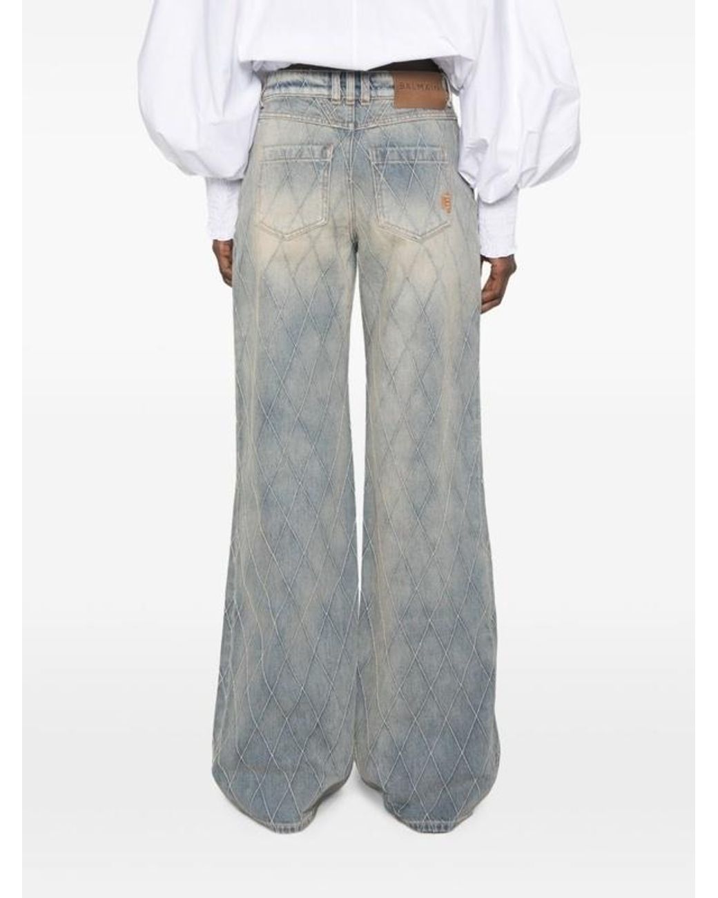 Balmain Blue Diamond-Quilted Wide-Leg Jeans