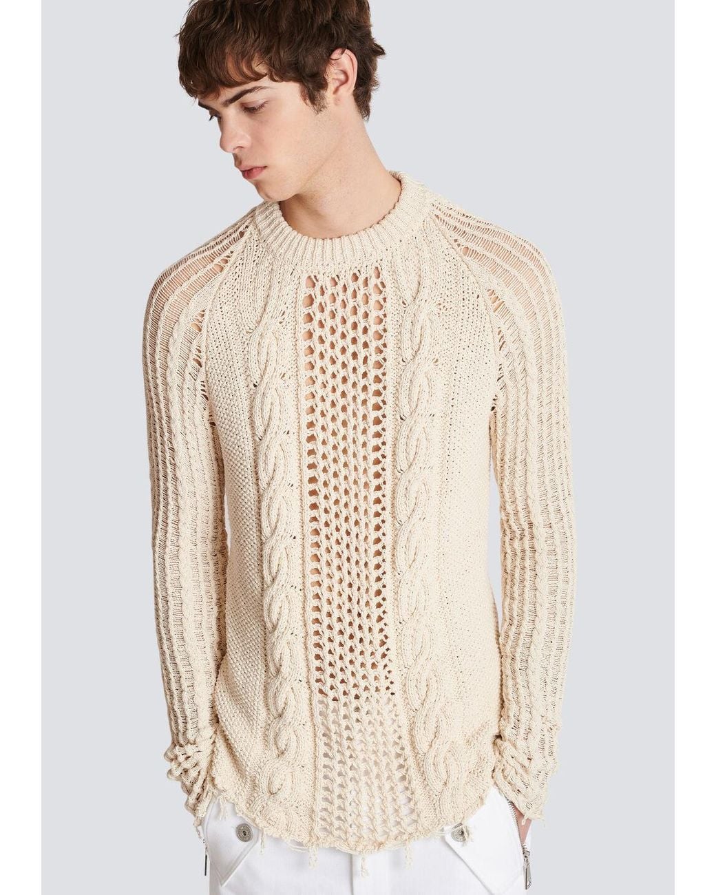 Balmain White Distressed Cable-Knit Jumper for men