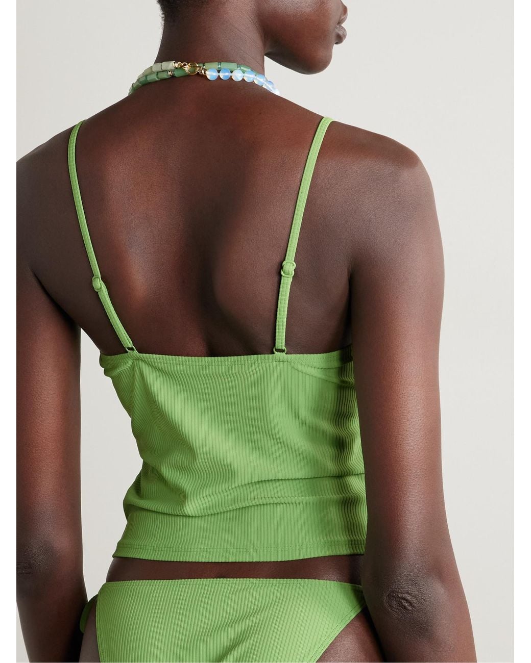 Staud Green Cleo Bead-Embellished Ribbed Bikini Top
