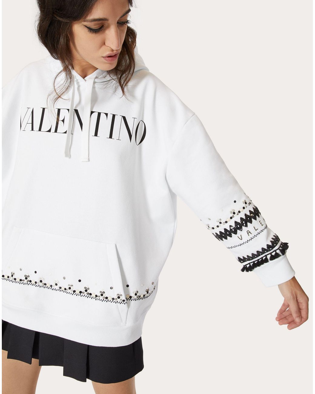Valentino White Logo-Print Sequinned Hoodie