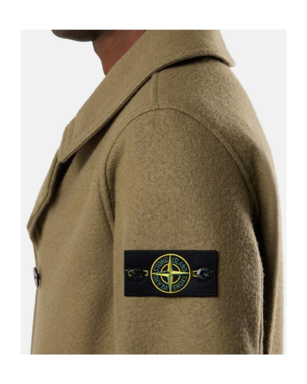 Stone Island Green Logo Patch Double-Breasted Coat for men