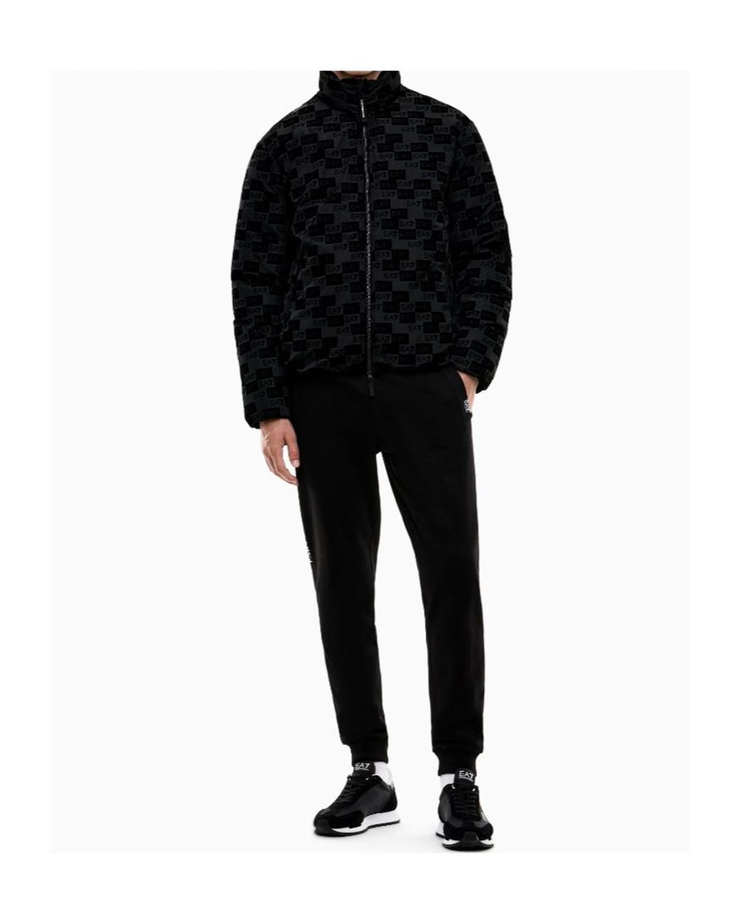 EA7 Black Oversized Hooded Bomber Jacket With Velvet Monogram for men