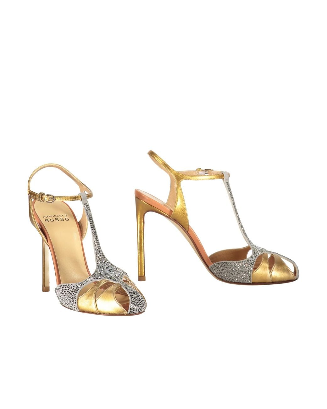 Francesco Russo Metallic Crystal T-Strap Heeled Sandals