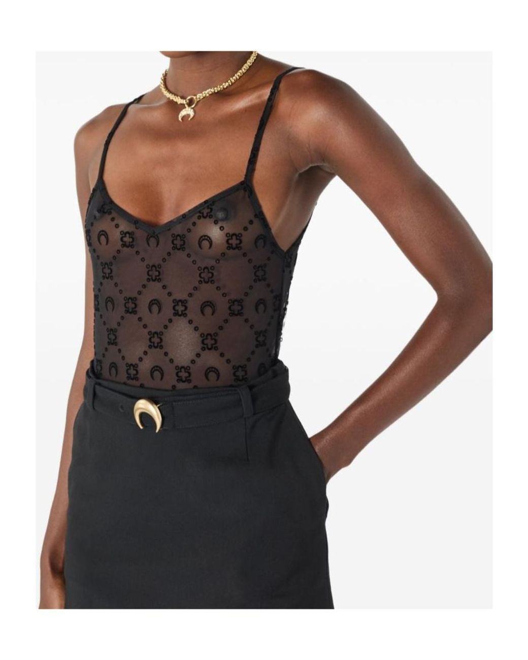 MARINE SERRE Black Moonogram Mesh Flock Straps Top