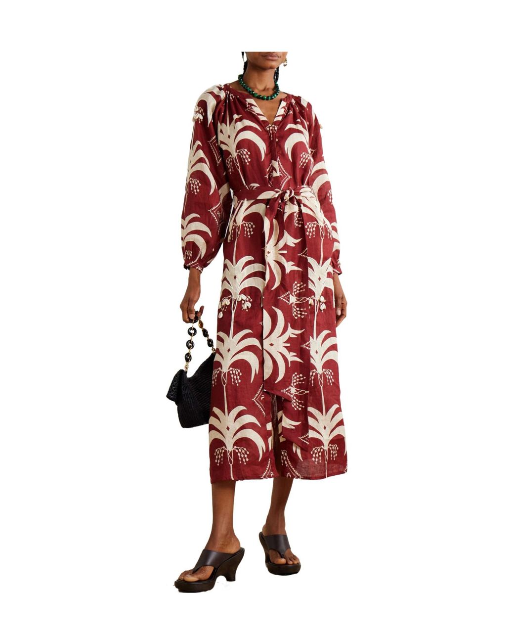 Johanna Ortiz Red Printed Linen Midi Dress