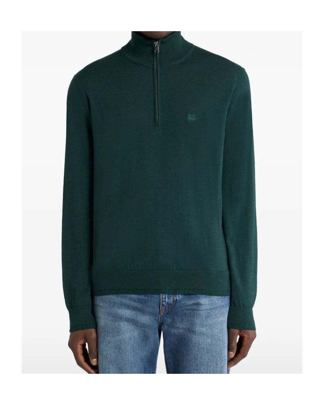 Etro Green Zip-Neck Logo Knitted Sweater for men
