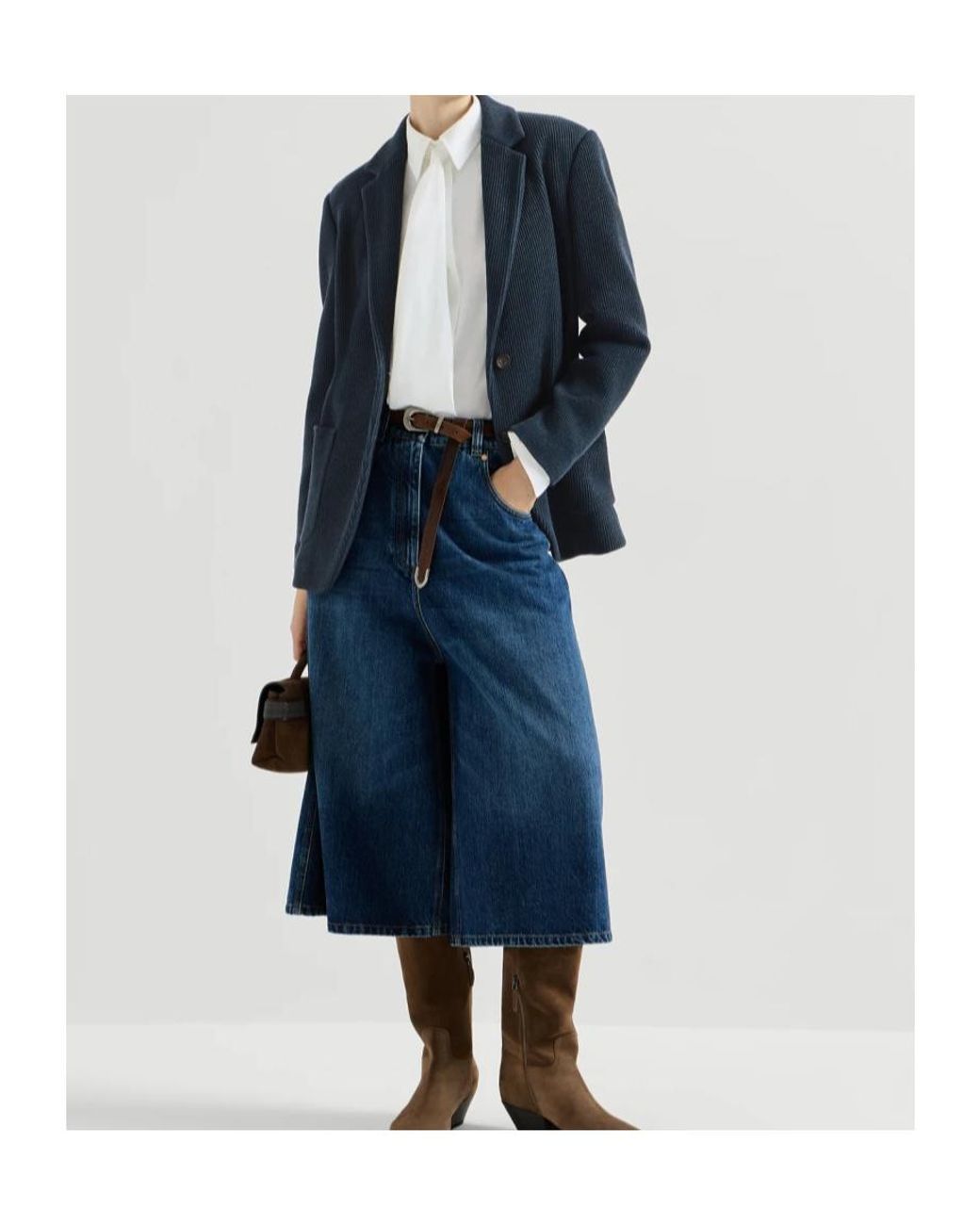 Brunello Cucinelli Blue Sparkling Cotton And Viscose English Rib Knit Blazer With Monili