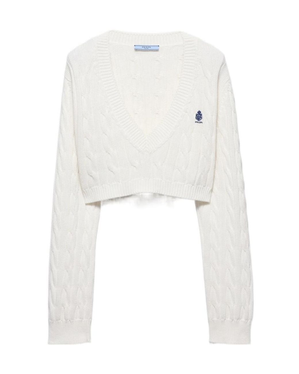 Prada White Scollo V Cropped Cable-Knit Sweater