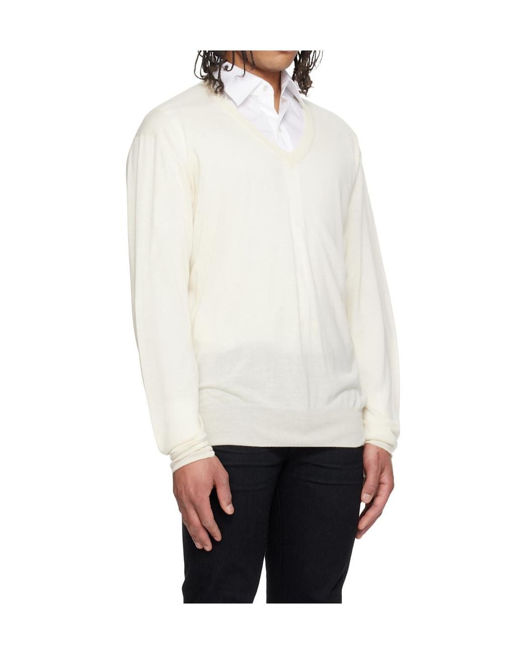 Tom Ford White Fine-Knit Cashmere Long-Sleeved V-Neck Sweater for men