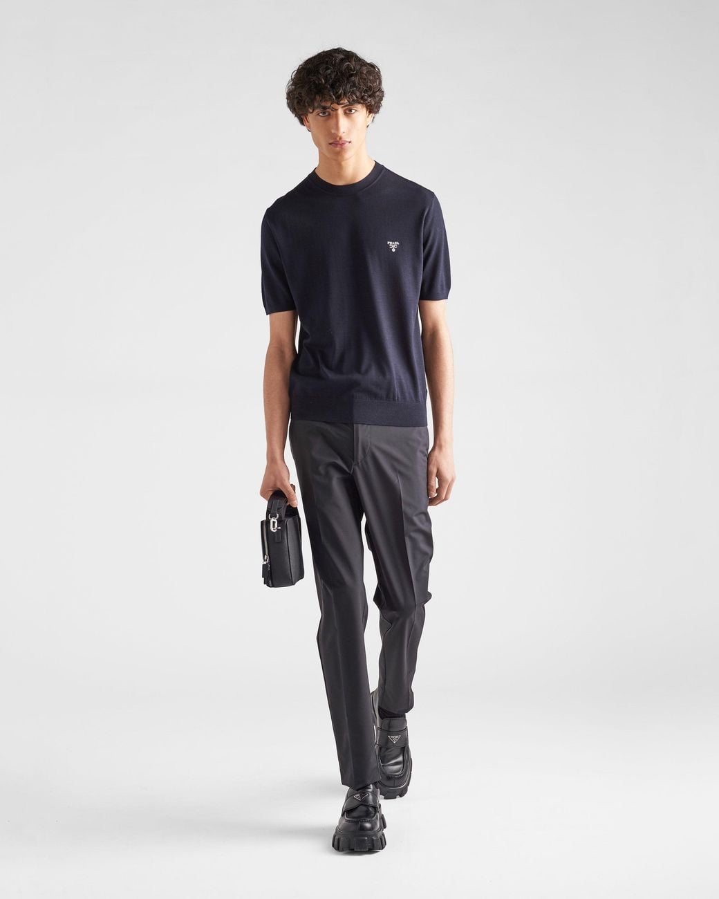 Prada Blue Logo Embroidered Crewneck T-Shirt for men