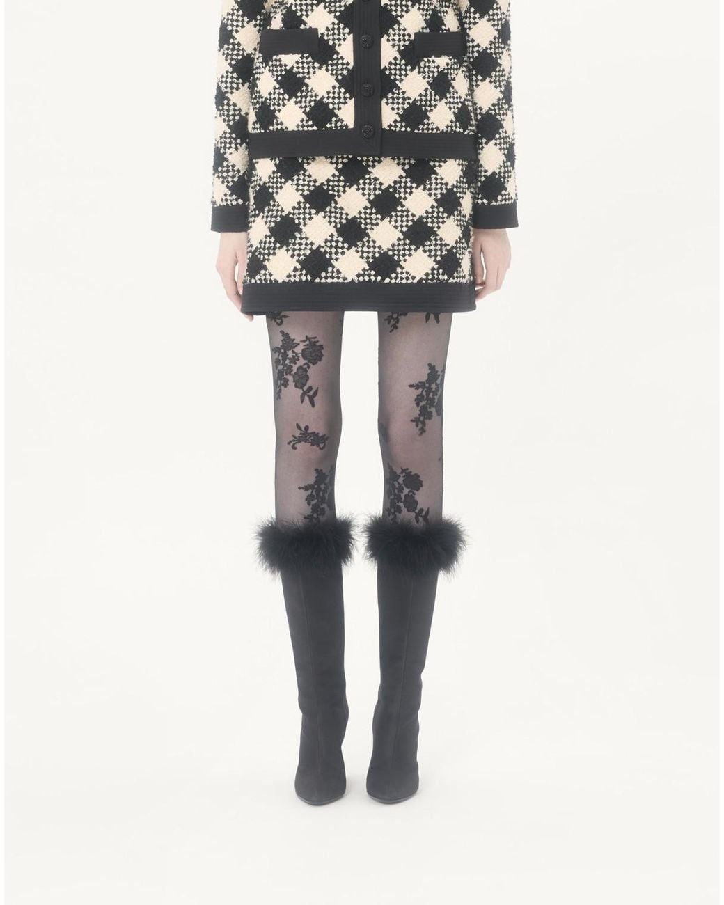 Valentino Black Damier Side Zipped Tweed Mini Skirt