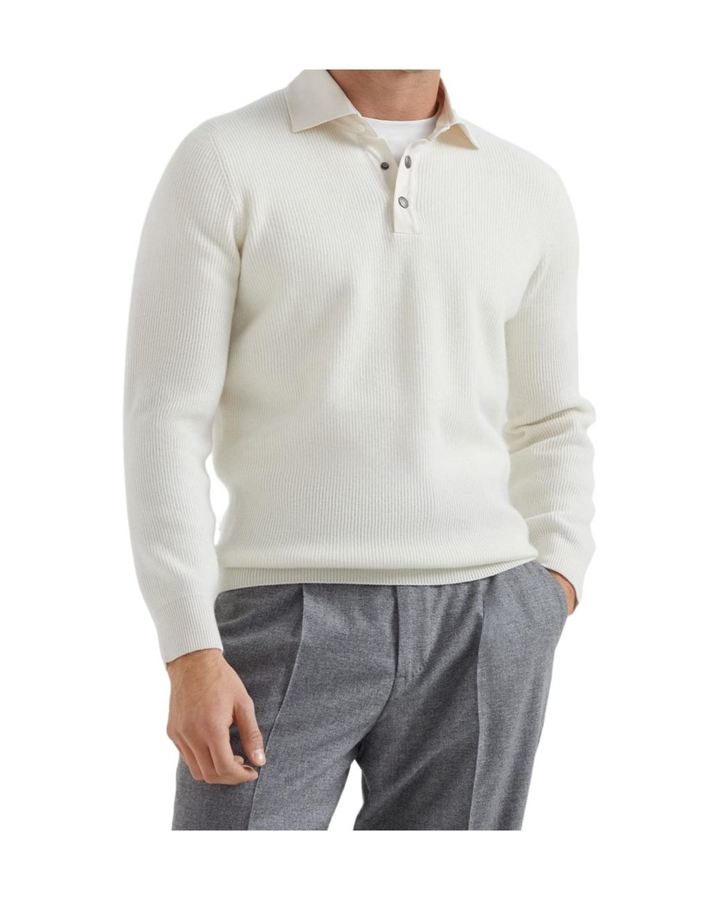 Brunello Cucinelli Gray English Rib Knit Twill Spread Collar Polo Shirt for men