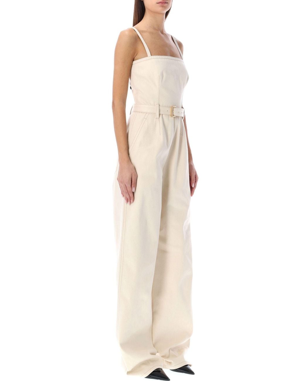 Prada White Belted-Waist Sleeveless Tailored Jumpsuit