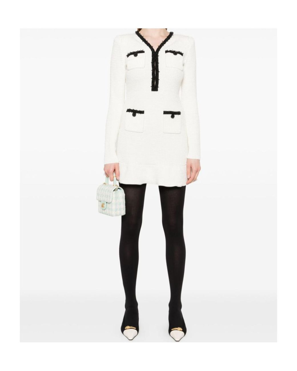 Self-Portrait White Bead-Detailed Long-Sleeved Mini Dress