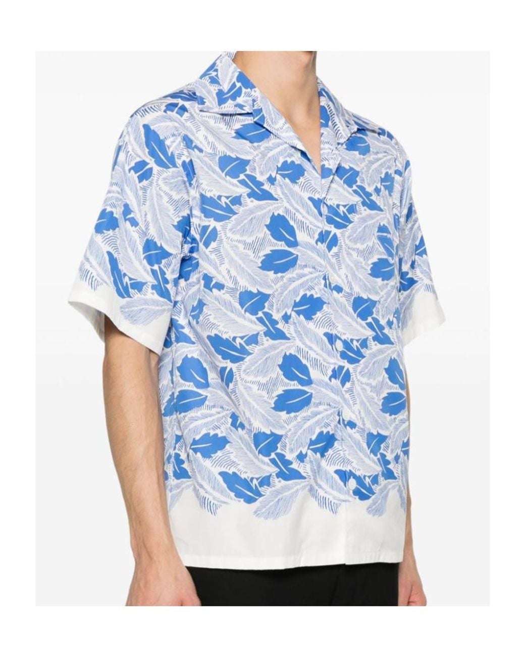 Prada Blue Leaf Print Short Sleeve Shirt for men