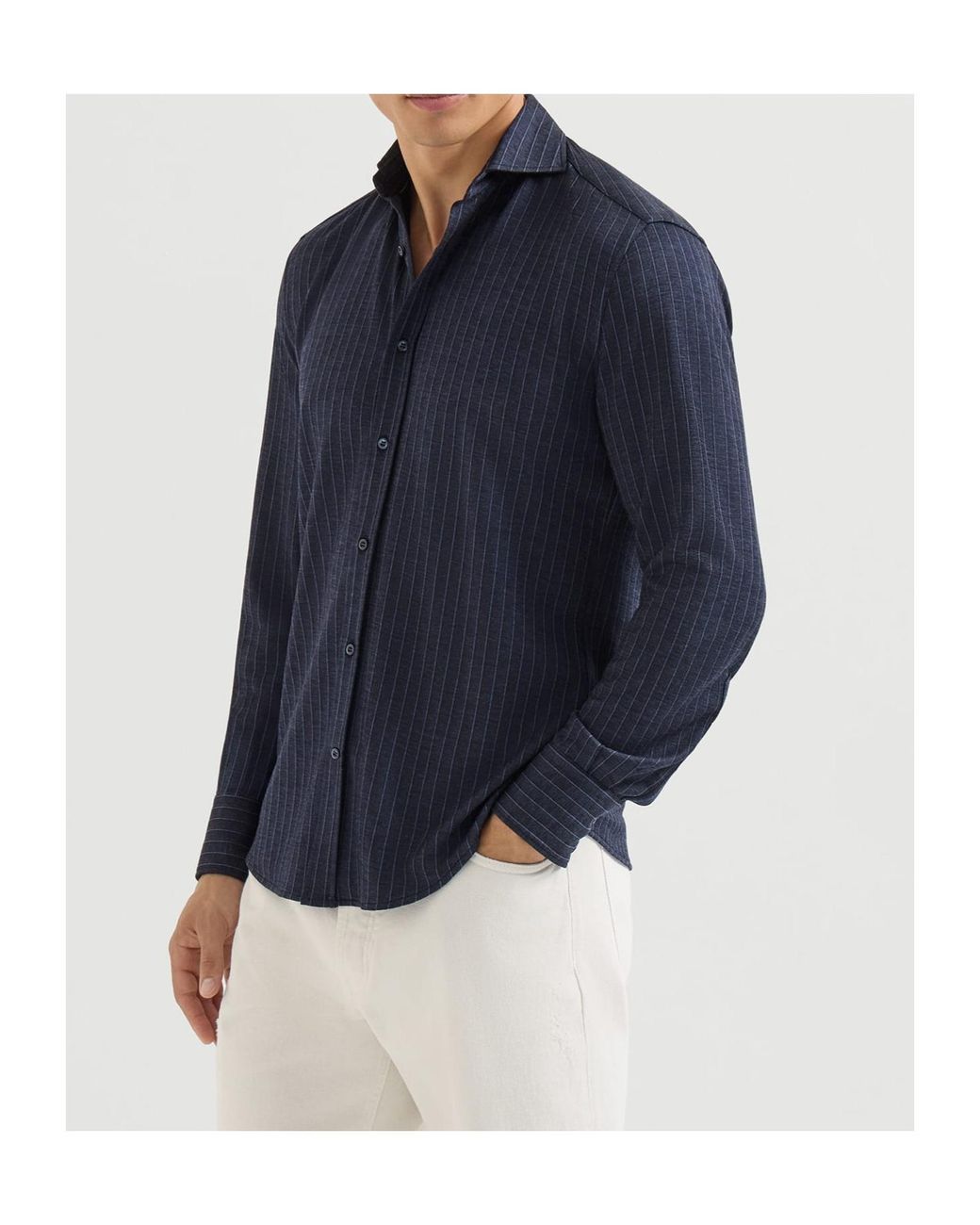 Brunello Cucinelli Blue Virgin Wool, Silk And Cotton Chalk Stripe Piqué Shirt With Spead Collar for men