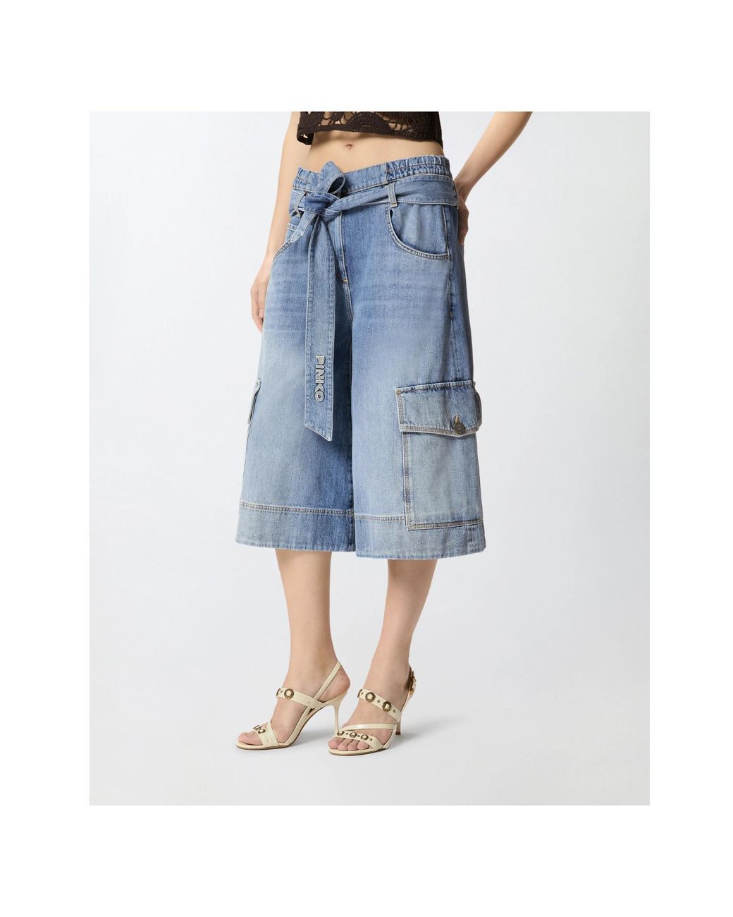 Pinko Blue Denim Utility Belted Bermuda Shorts