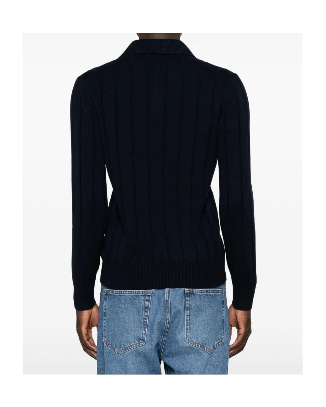 Gran Sasso Blue Ribbed-Knit Polo-Collar Sweater for men