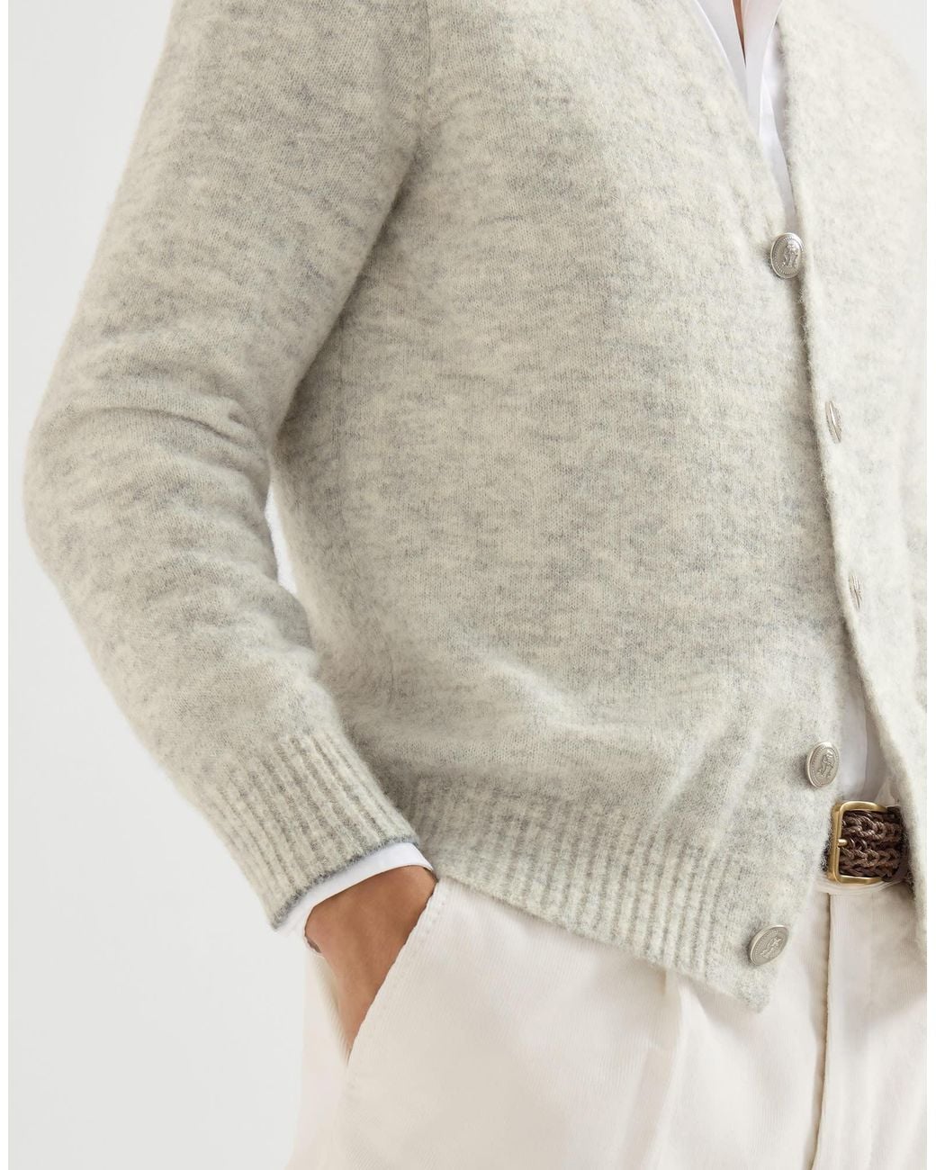 Brunello Cucinelli White Long-Sleeved V-Neck Cardigan for men