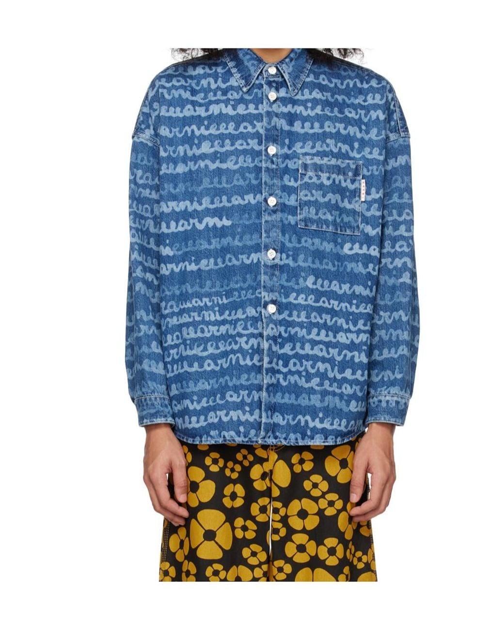 Marni Blue Logo Printed Buttoned Denim Shirt for men