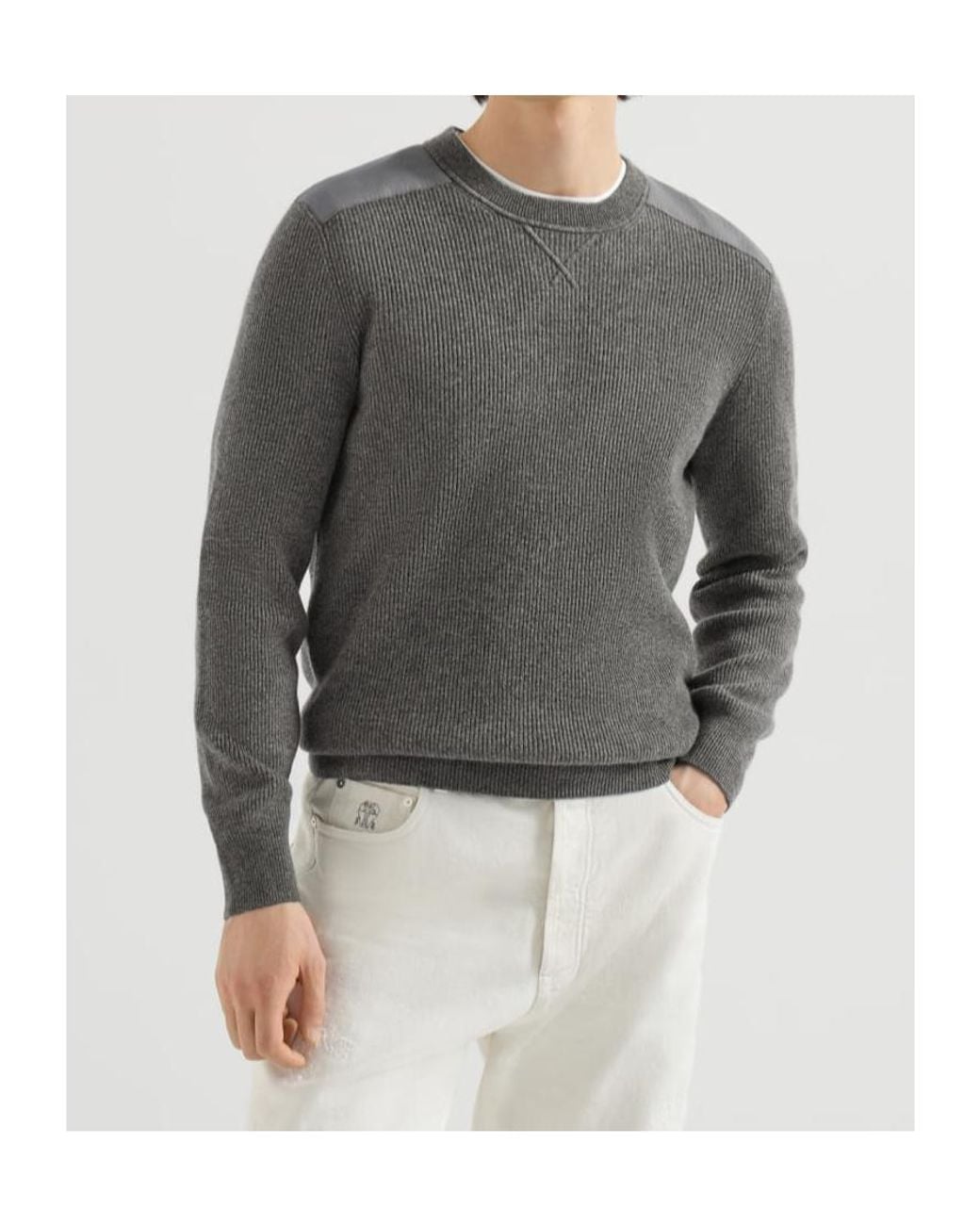 Brunello Cucinelli Gray Cashmere Ribbed Sweater With Cotton Inserts for men