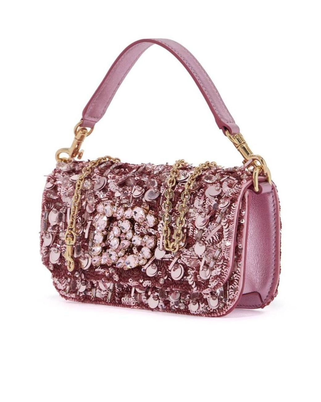 Dolce & Gabbana Pink All-Over Embellished Foldover Top Crossbody Bag