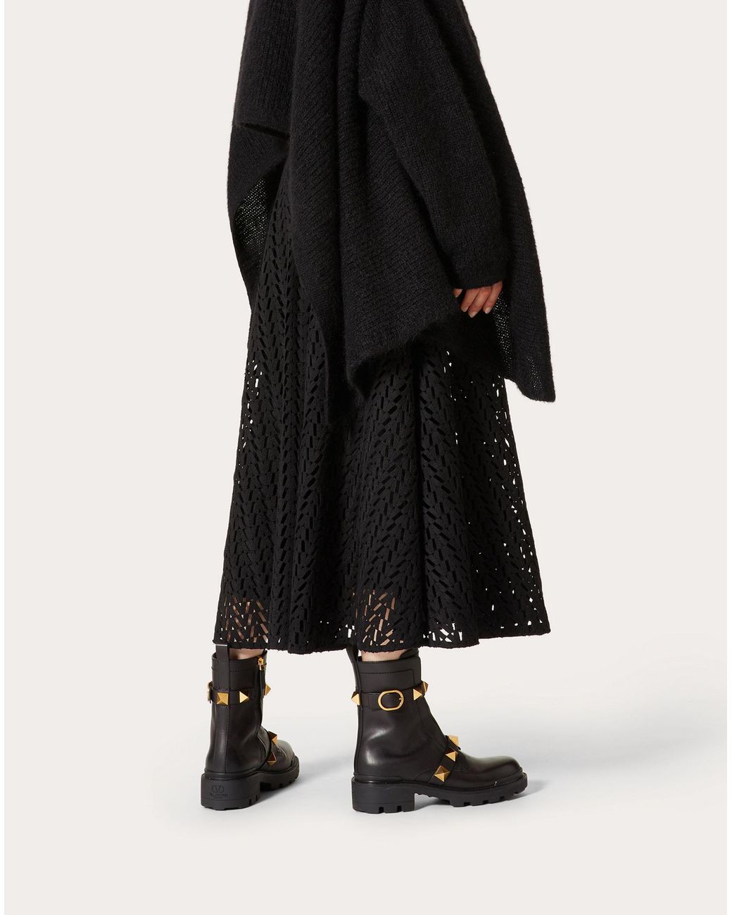 Valentino Black Optical V-Logo Cut-Out A-Line Midi Skirt