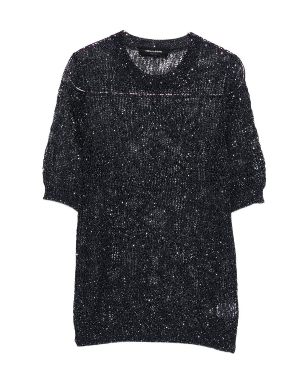 Fabiana Filippi Black Open-Knit Sparkle T-Shirt