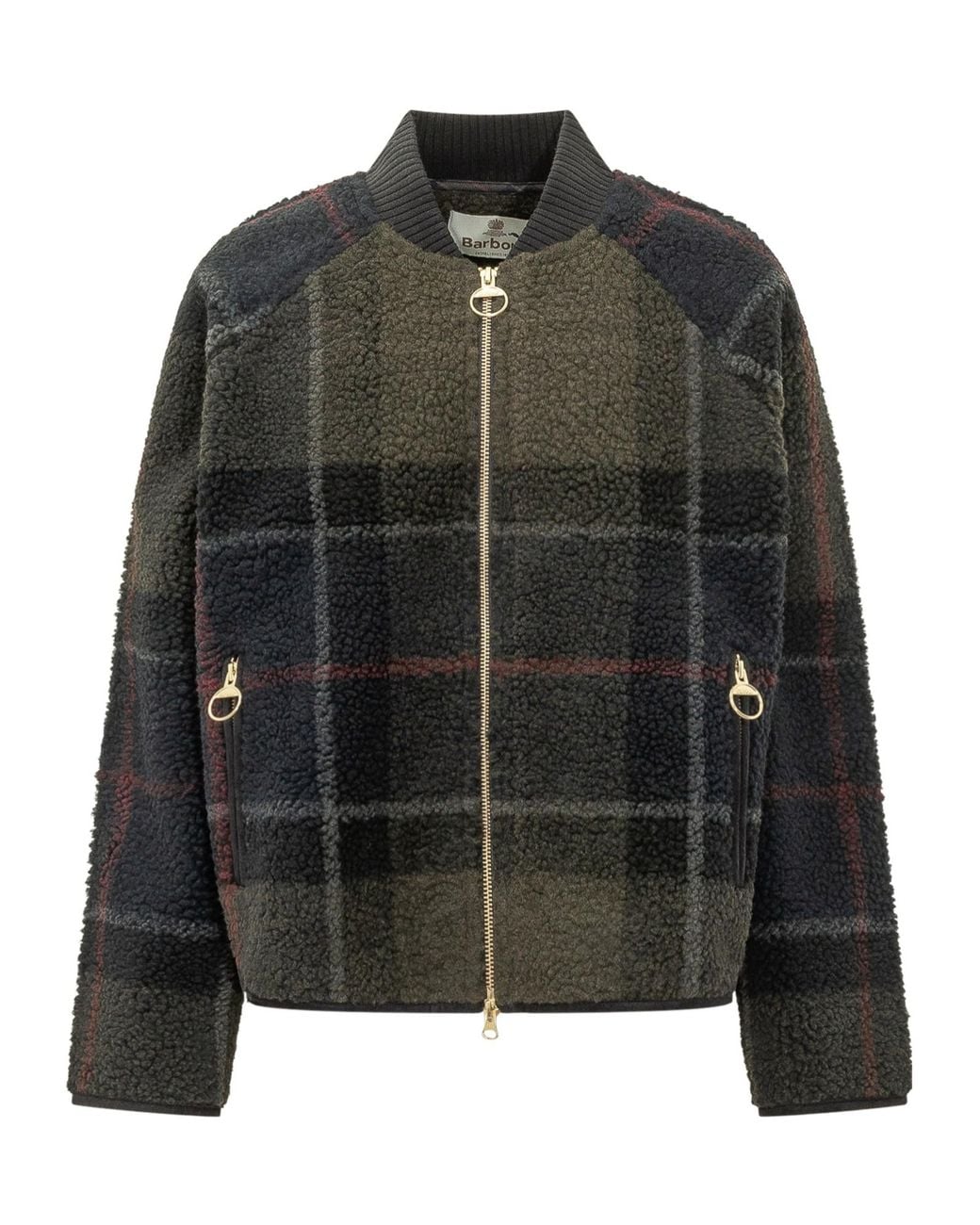 Barbour Black Plaid Fleece Bomber Jacket