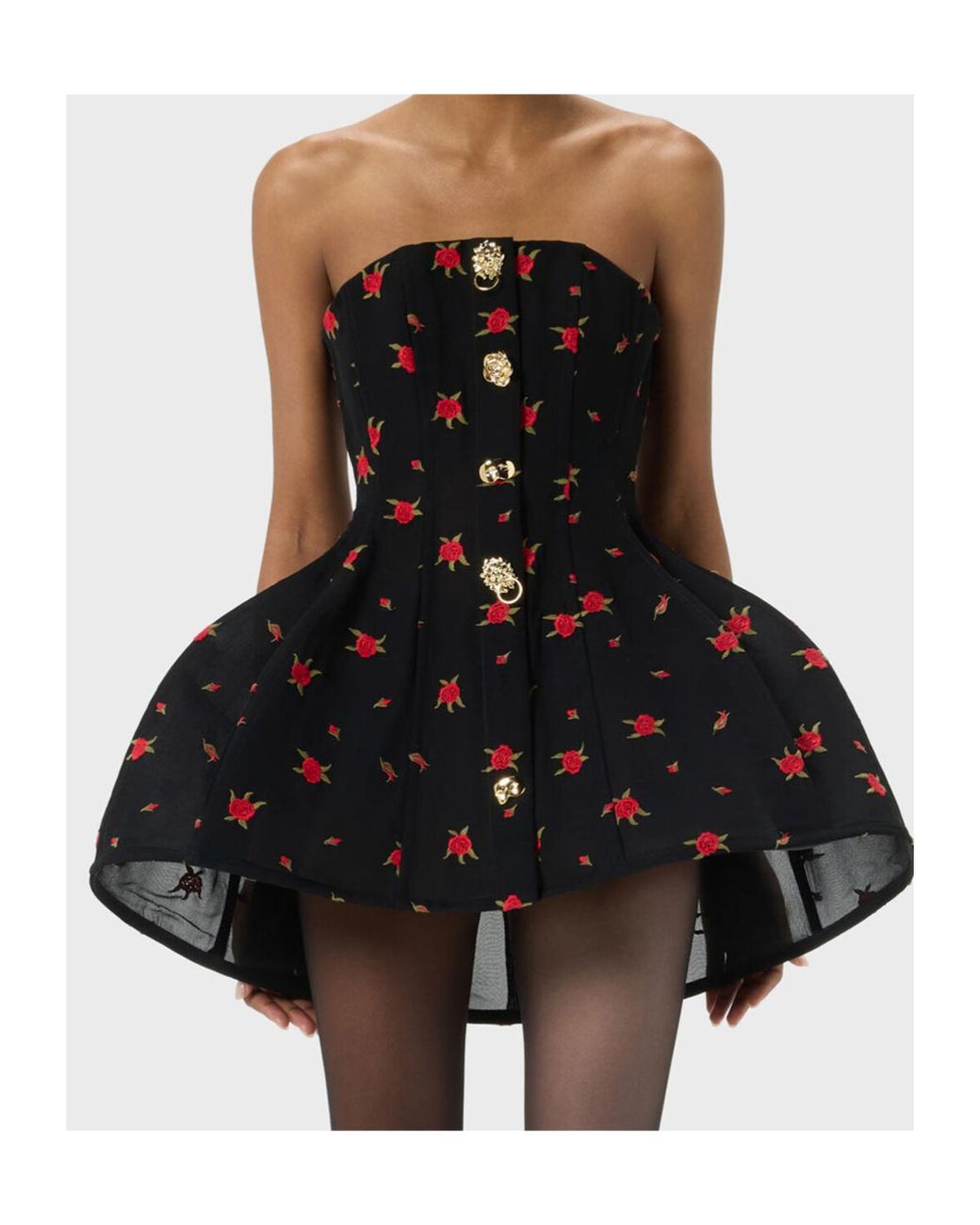 Blumarine Black Short Dress With Rose Embroidery And Bejewelled Buttons