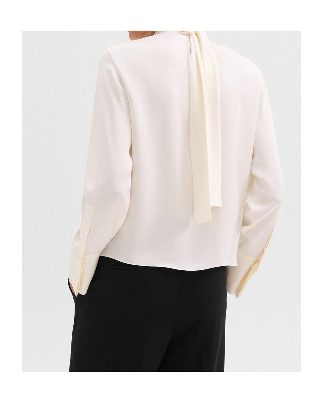 Theory White Tie-Neck Relaxed Long-Sleeved Top